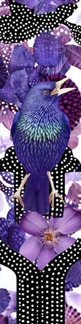 Free purple bookmark featuring a bird standing on flowers